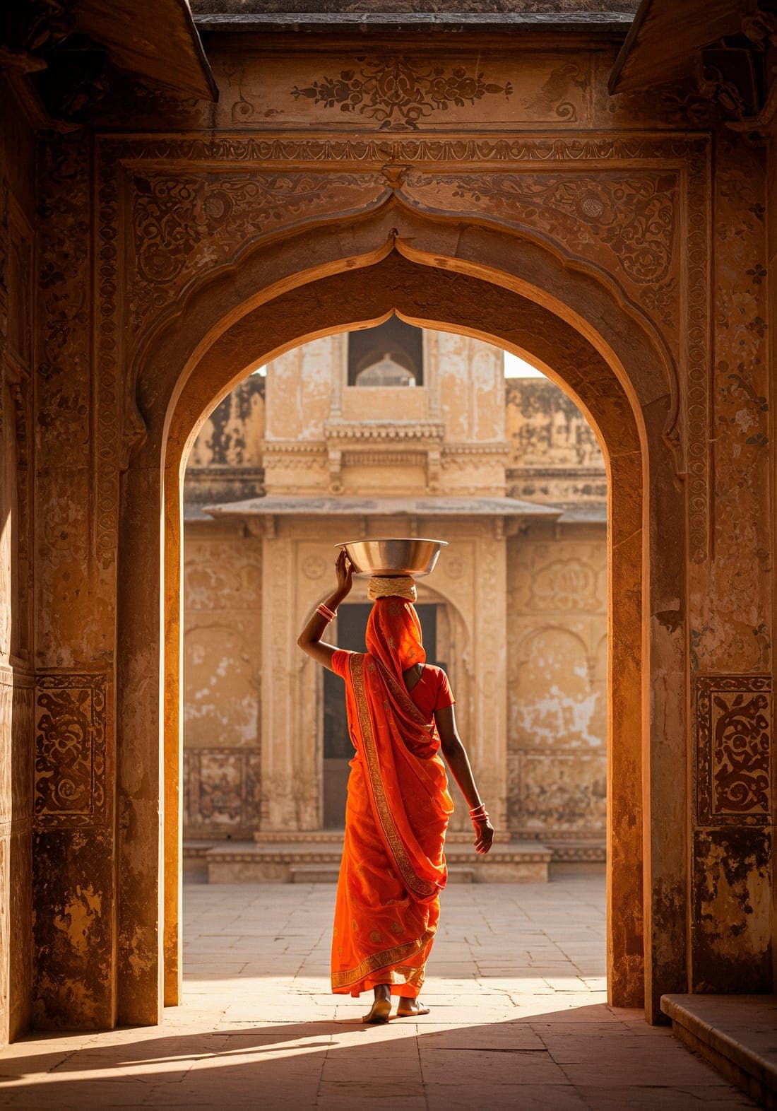 Woman in a red sari carrying a brass pot through a sandstone archway