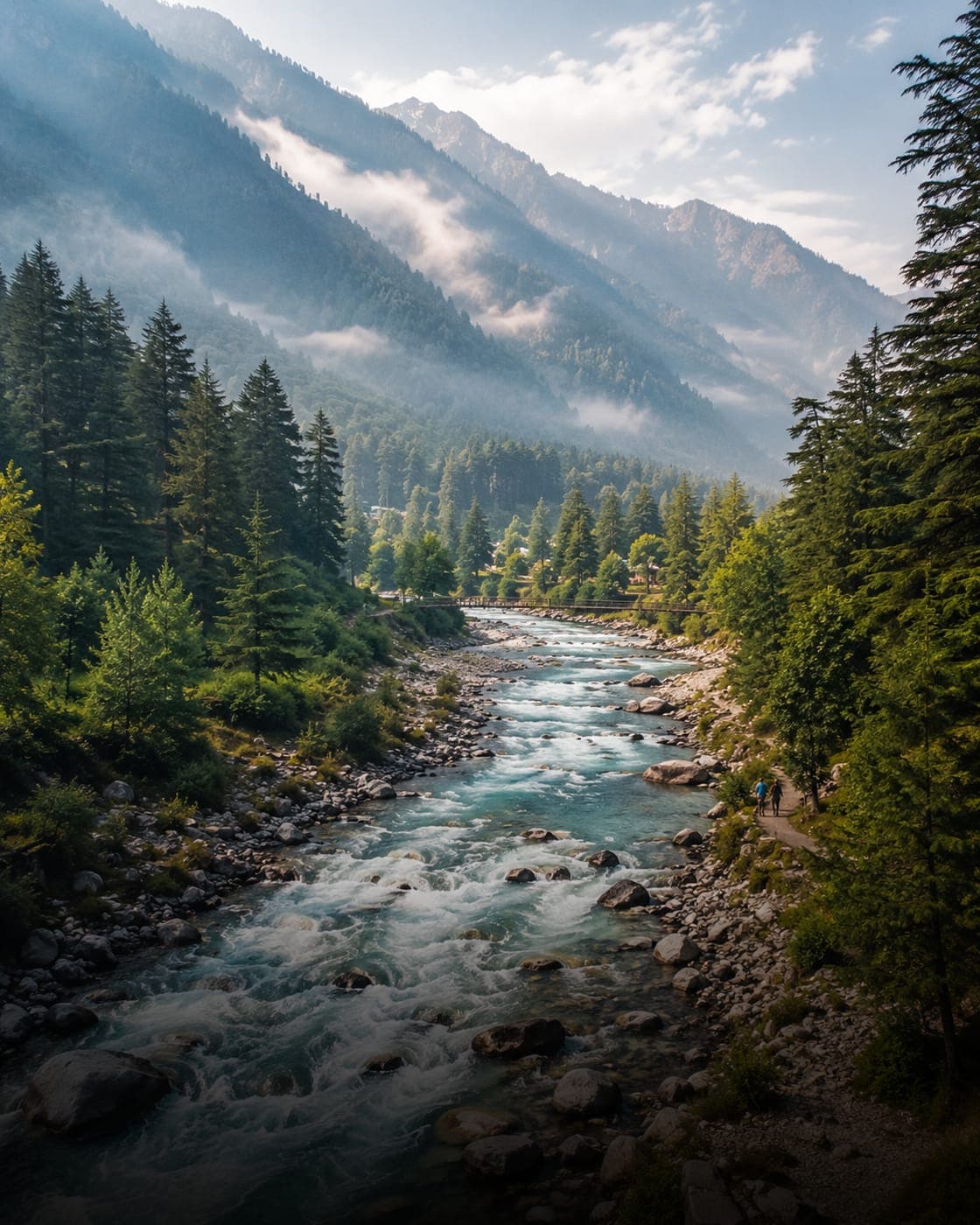River running through a pine forest valley near Manali