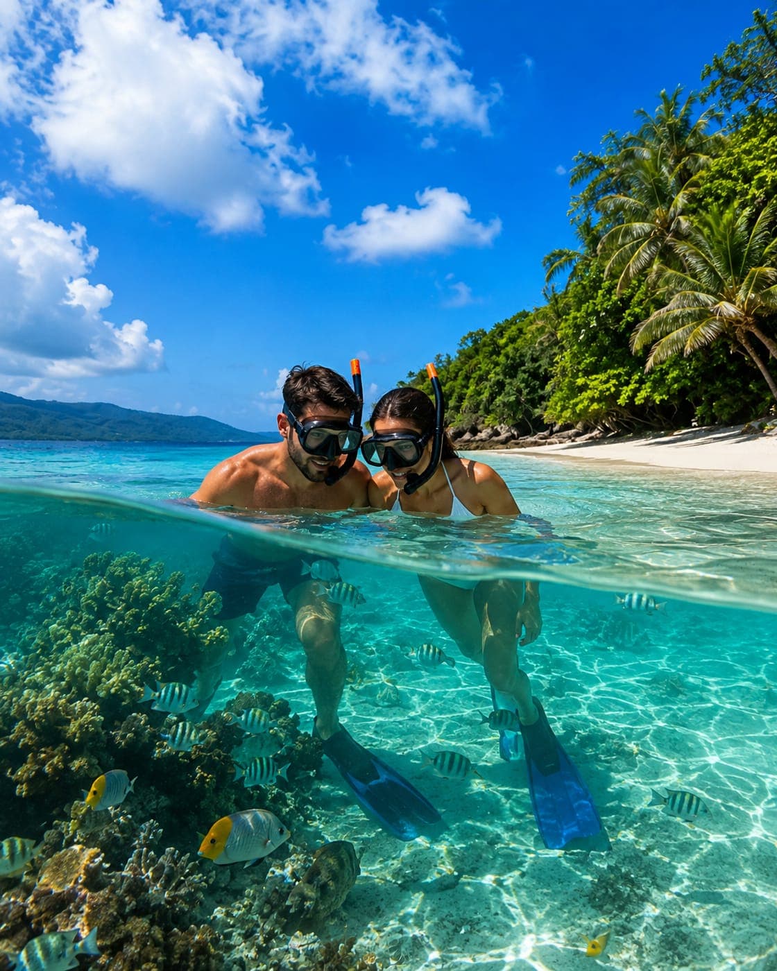 Two people snorkelling above a coral reef with fish below