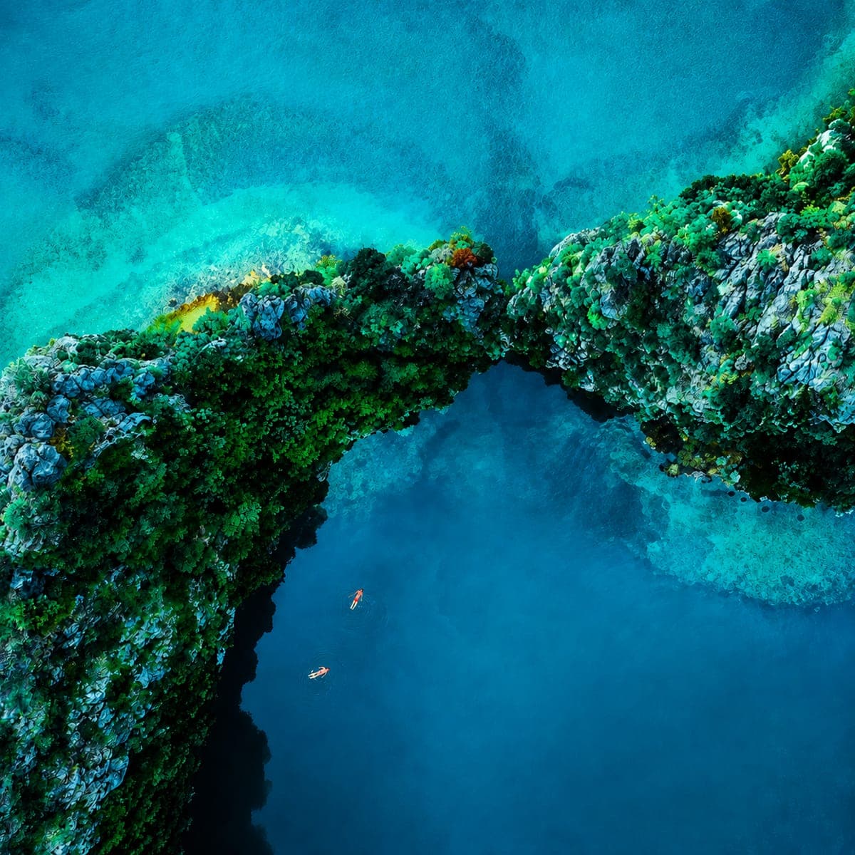 Aerial view of a reef and deep blue lagoon